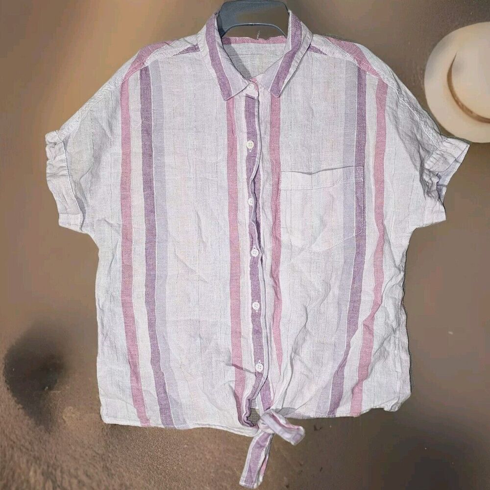 Beach Lunch Lounge Linen Blend Top XS Tie Front Pink White Sparkle Cute Casual